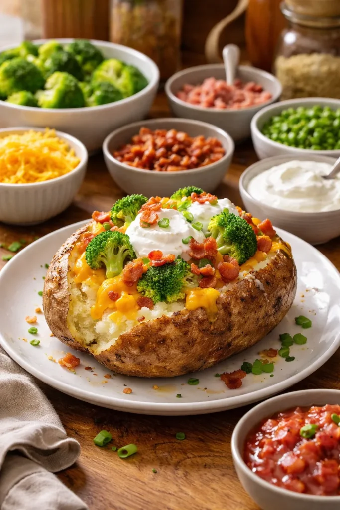 10 Easy Dinners for When You're Too Tired 8 Baked potato split open with toppings on a plate