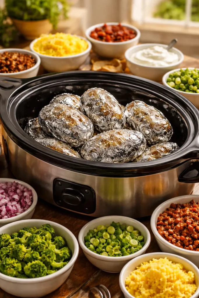 10 Easy Dinner Recipes for a Big Crowd 8 Baked potatoes ready for toppings in a slow cooker