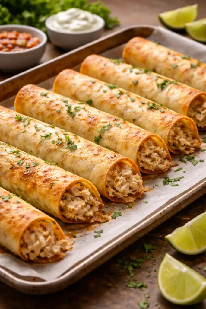 12 Kid-Friendly Dinners Beyond Chicken Nuggets 3 Rolled baked chicken taquitos on parchment-lined sheet pan, golden and crisp