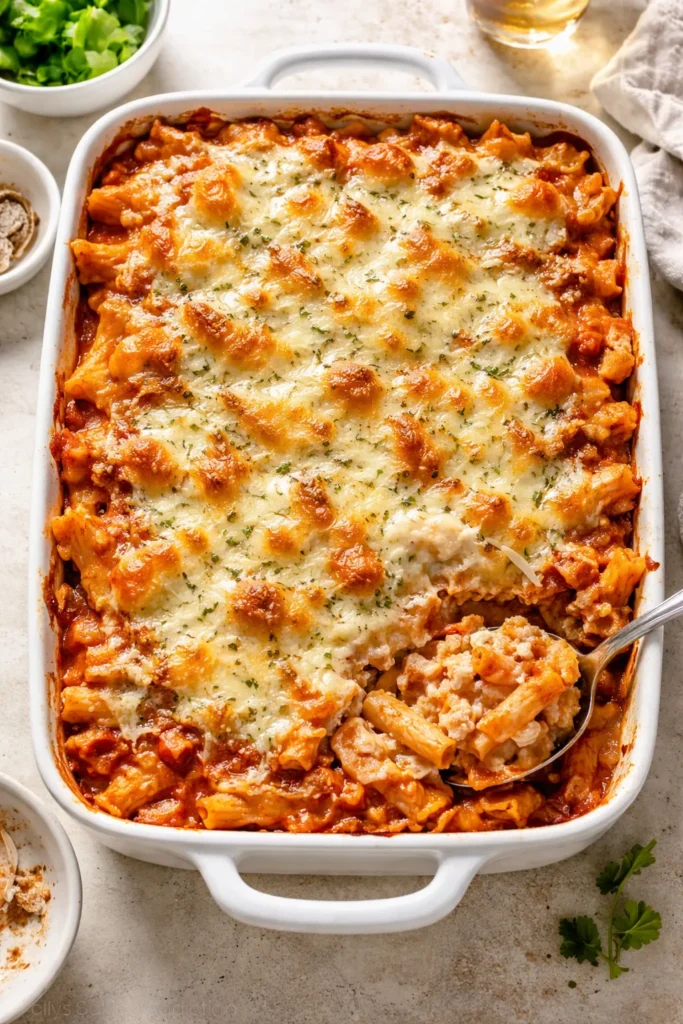 10 Cheap Family Dinners Everyone Eats 9 Bubbling baked ziti in a casserole dish with ricotta and mozzarella on top
