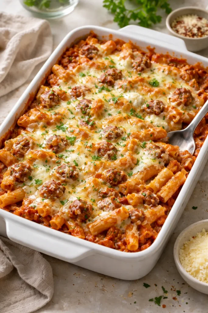 8 Potluck Recipes Everyone Asks You to Bring 3 Baked ziti with sausage and melted cheese in a baking dish