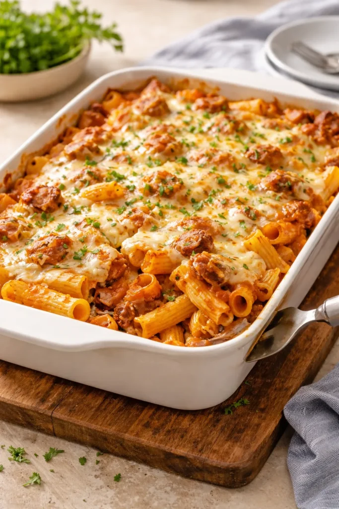 8 Make-Ahead Dinners Ready When You Are 4 Baked ziti with three cheeses and sausage in a casserole