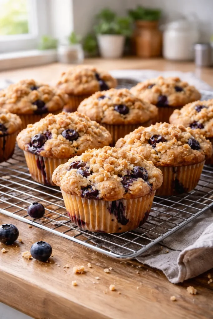 Tray of golden blueberry muffins cooling on rack in bright kitchen