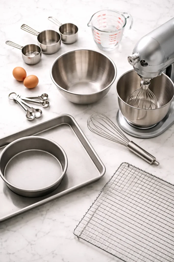 10 Baking Tips Every Beginner Needs to Know 4 Essential baking tools arranged neatly on a counter