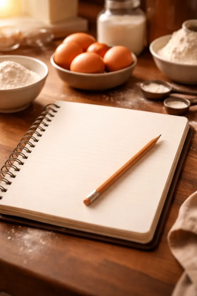 10 Baking Tips Every Beginner Needs to Know 10 Blank baking notebook open on counter with pencil for records