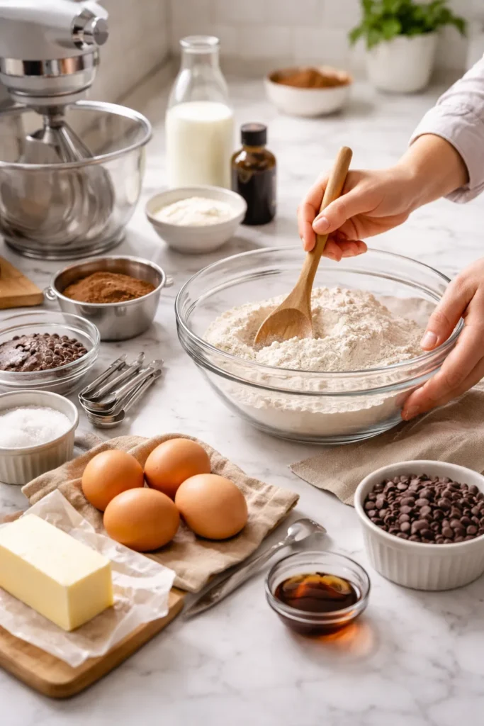 The Only Chocolate Cake Recipe You Need 8 Hands with baking tools and ingredients prepared on a clean counter