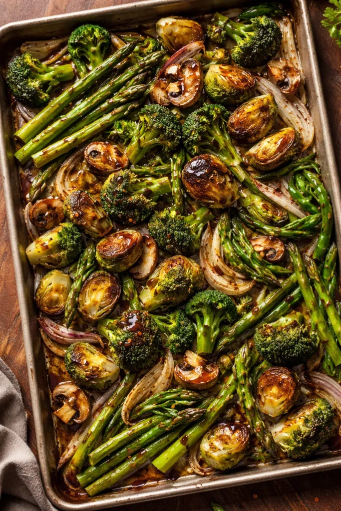 8 Roasted Broccoli and Sprout Side Dishes 3 Glossy balsamic glazed Brussels sprouts, broccoli, and green vegetables medley