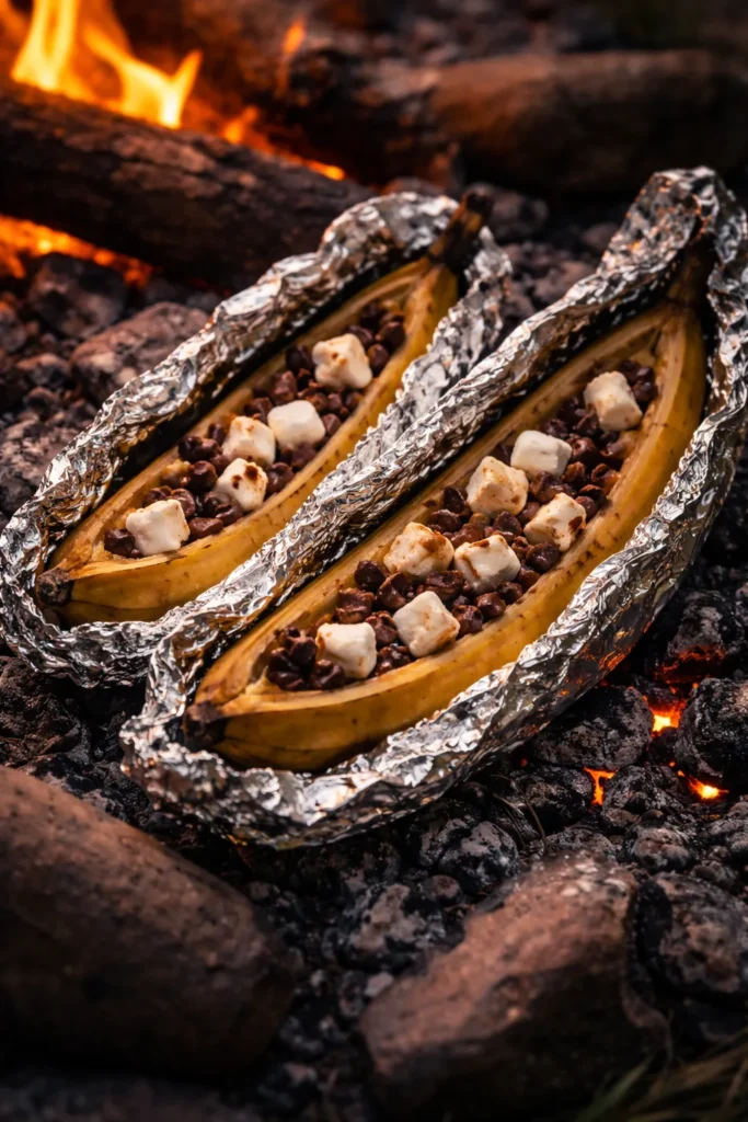 Banana boat inside peel with chocolate and marshmallows wrapped in foil over coals
