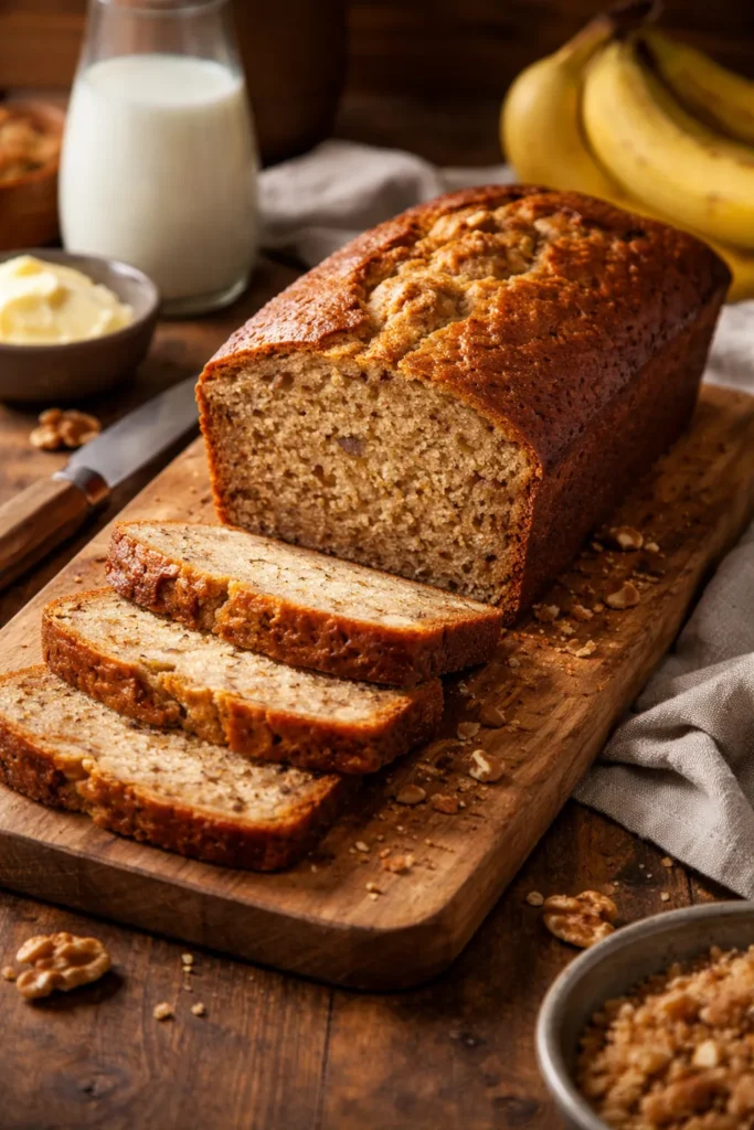 10 Ways to Use Leftover Buttermilk in Baking 4 Banana bread loaf with moist crumb on wooden board, slices nearby.