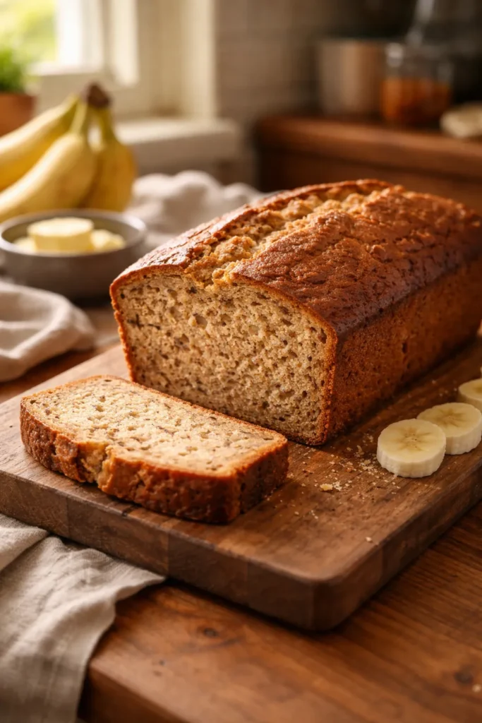 8 Comfort Food Recipes for a Cozy Night In 8 Banana bread loaf with golden crust on a wooden board