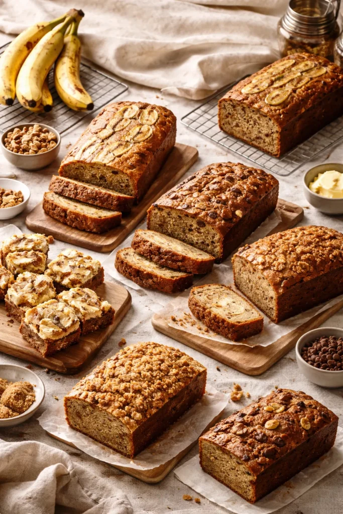 8 Banana Bread Recipes You'll Bake on Repeat 9 An assortment of different types of banana bread on a kitchen table