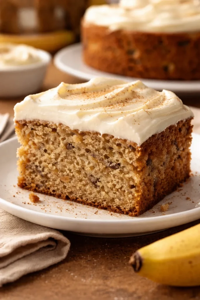 15 Easy Cream Cheese Dessert Recipes 14 Slice of banana cake with cream cheese frosting on a plate