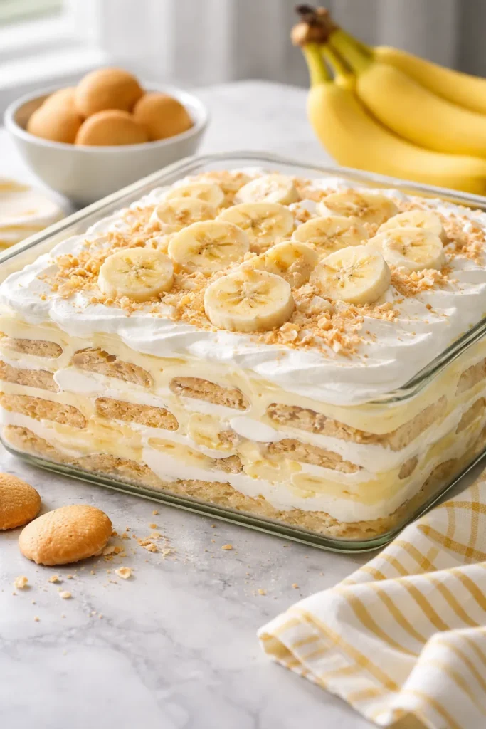 5 Easy No Bake Cakes Perfect for Summer 4 Banana cream pudding icebox cake with banana slices in glass dish