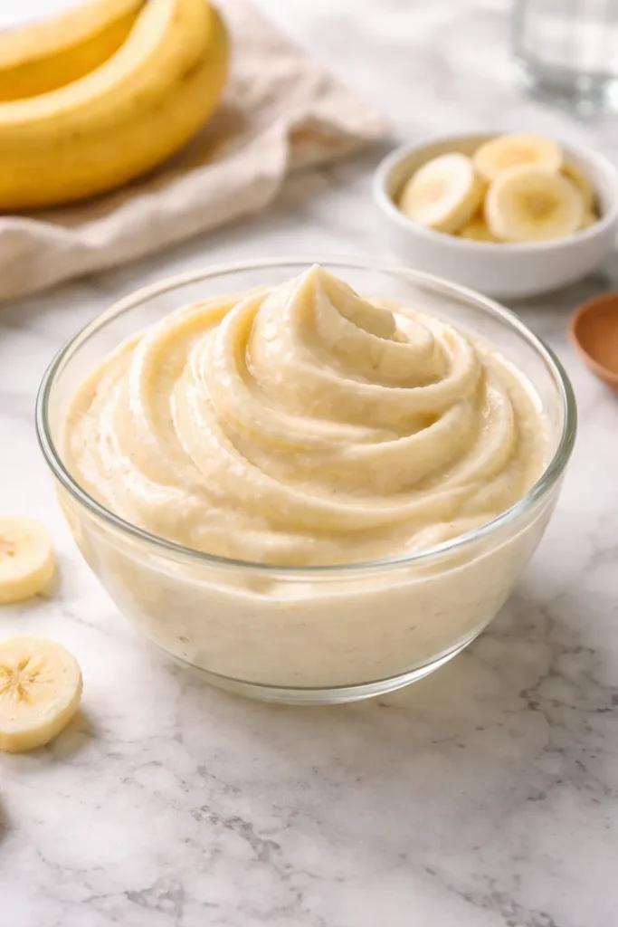 15 Sugar Free Treats That Actually Taste Good 15 Creamy banana nice cream in a glass bowl with smooth, pale yellow texture.