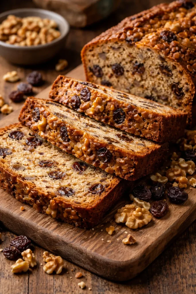 8 Banana Bread Recipes You'll Bake on Repeat 4 Close up of banana nut bread slices showing walnuts and raisins inside the crumb