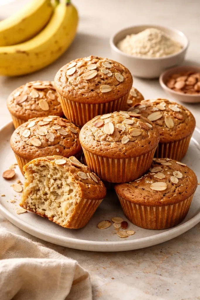Banana-flavored protein muffins with almond flour on plate