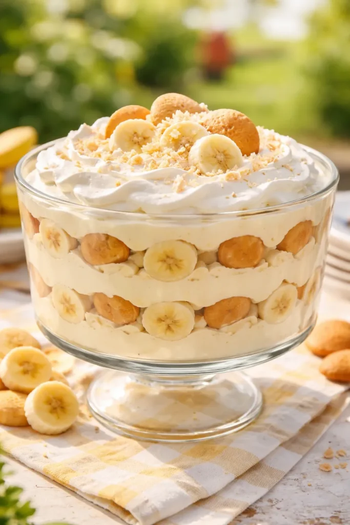 15 Crowd-Pleasing Desserts for Summer BBQs 13 Close-up of banana pudding with banana slices and wafers in a glass dish