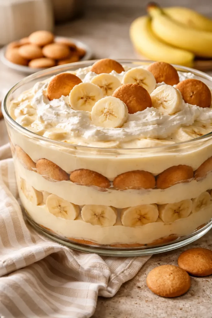 8 Potluck Recipes Everyone Asks You to Bring 8 Layered banana pudding with banana slices and vanilla wafers in a glass dish.
