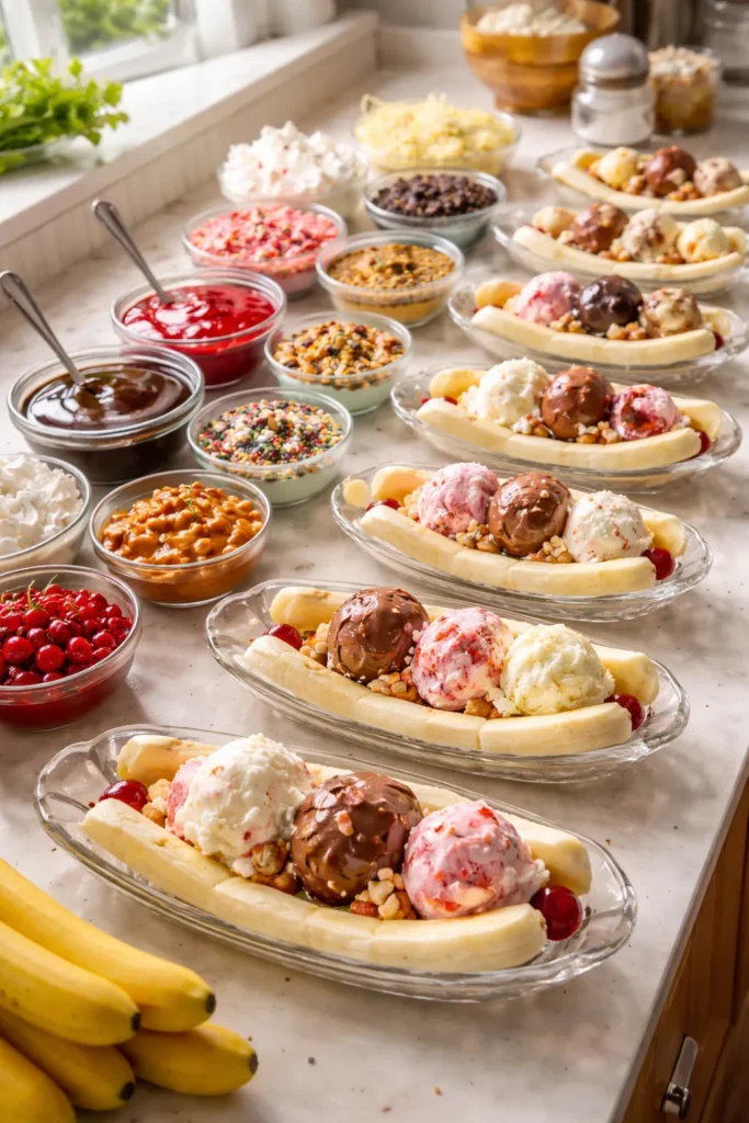 12 Fun Family Night Desserts to Make Together 10 Banana splits lined up with toppings ready for assembly