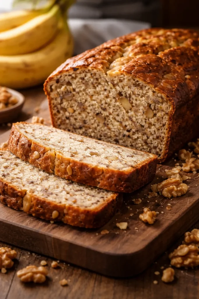 12 Make-Ahead Breakfast Breads for Weekdays 5 Banana walnut quick bread sliced to show moist crumb and walnuts