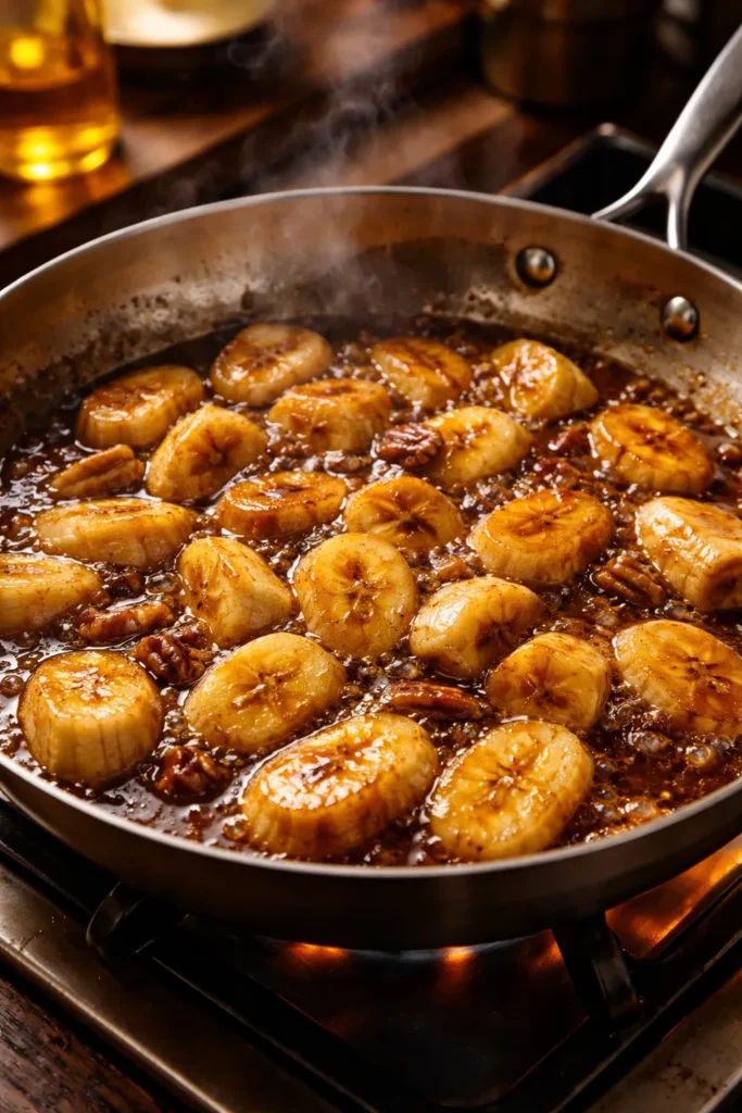8 Quick Desserts When You Want Something Sweet 3 Bananas Foster in a skillet with caramel banana slices in sauce.
