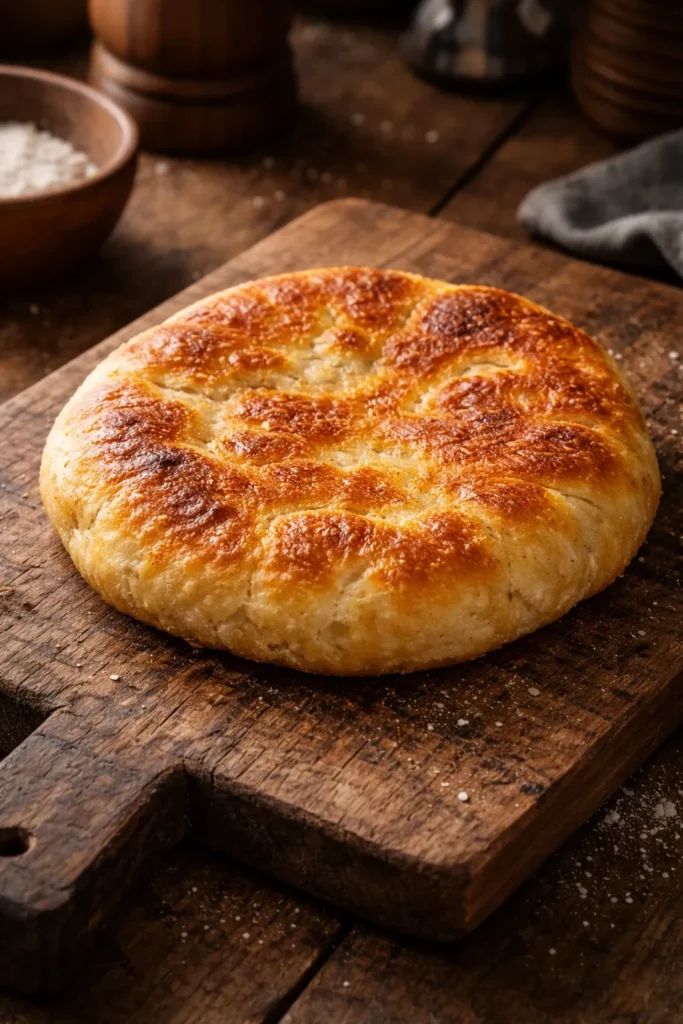 Single golden bannock on a rustic wooden board with warm lighting