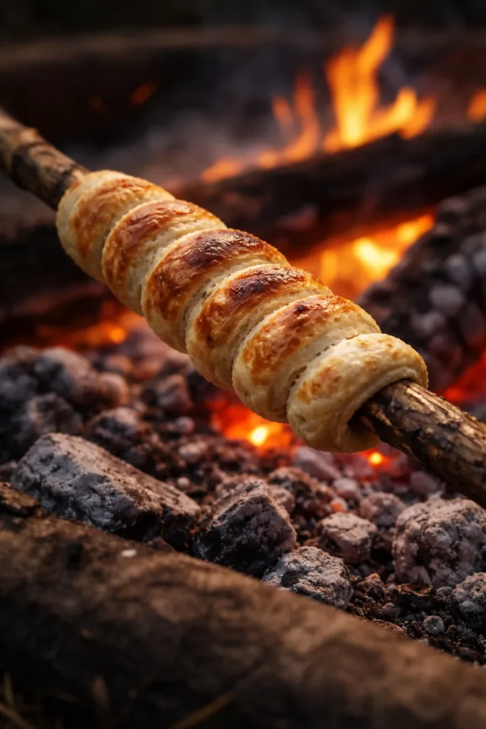 10 Campfire Recipes Even Kids Can Help With 9 Close-up of bannock dough wrapped around a stick roasting over coals