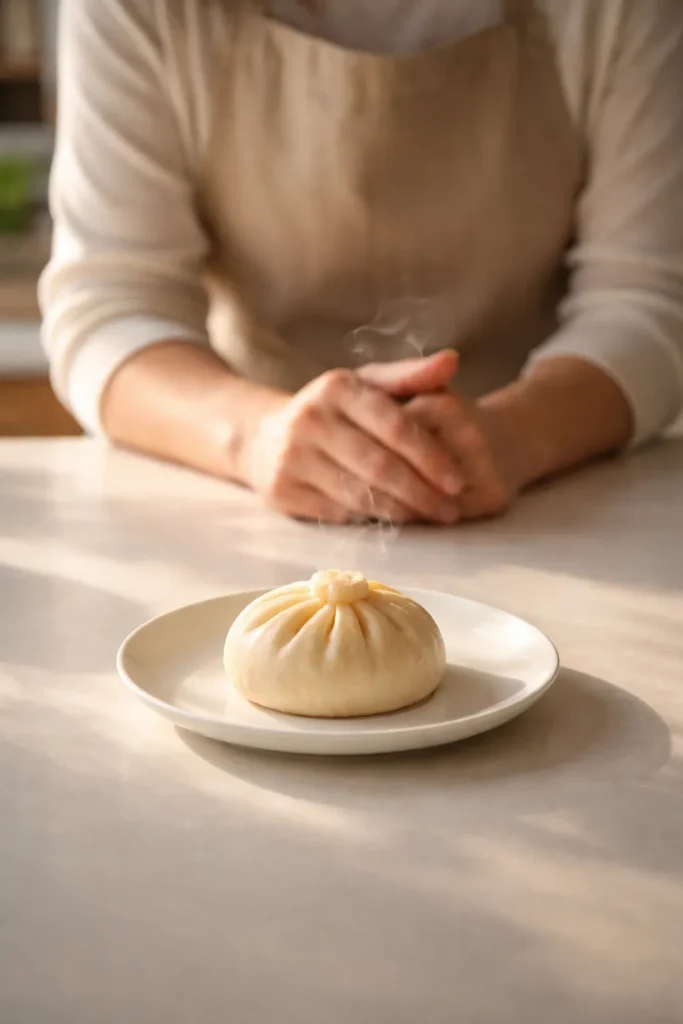 8 Bao Bun Recipes Steamed and Stuffed 13 Close-up of a single steamed bao bun on a plate with steam in a warm kitchen