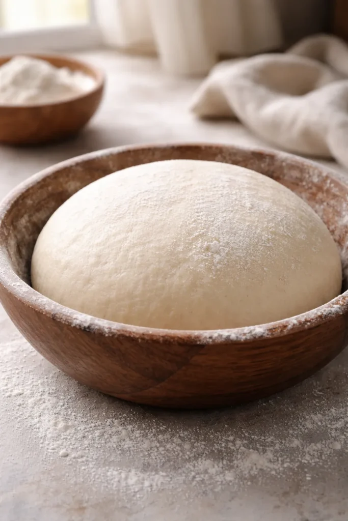 8 Bao Bun Recipes Steamed and Stuffed 1 Close-up of master bao dough ball with flour on rustic wooden surface