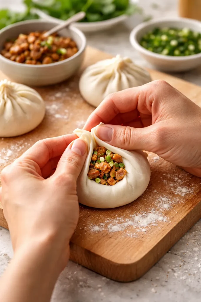 8 Bao Bun Recipes Steamed and Stuffed 11 Hands folding bao with filling and visible pleats