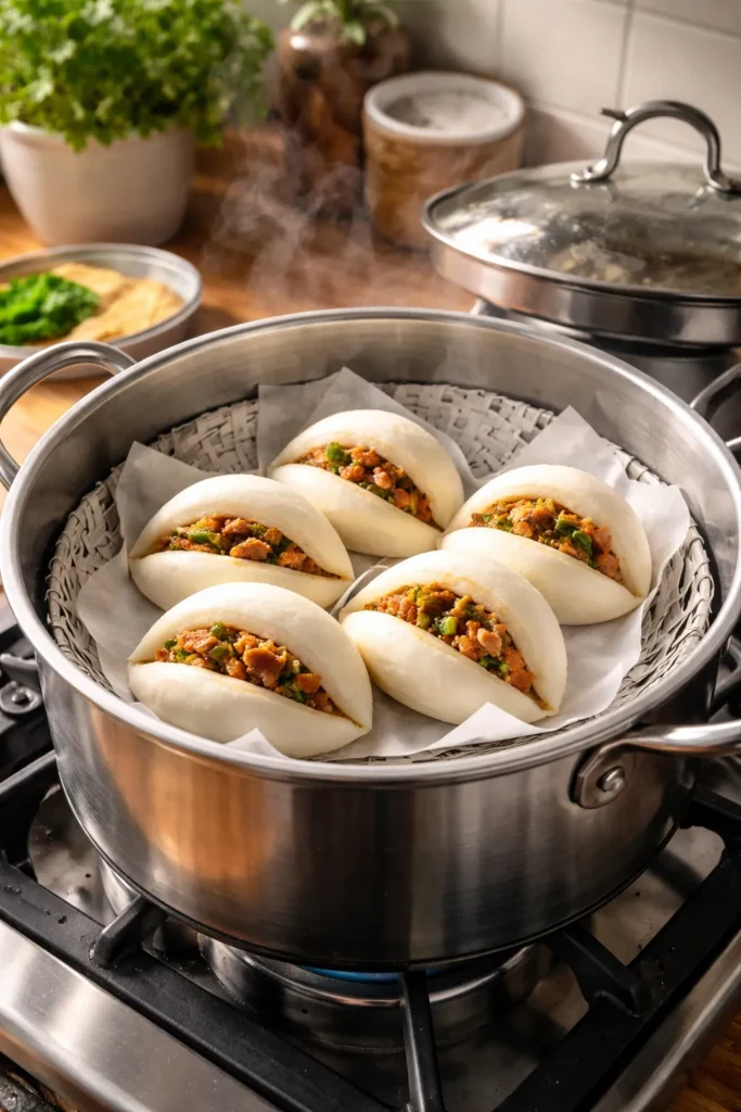 8 Bao Bun Recipes Steamed and Stuffed 10 Steam setup for bao without bamboo steamer using metal steamer and parchment