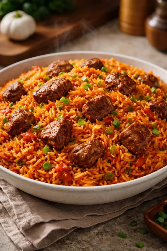 Basmati beef jollof rice in a shallow dish with visible long grains and beef