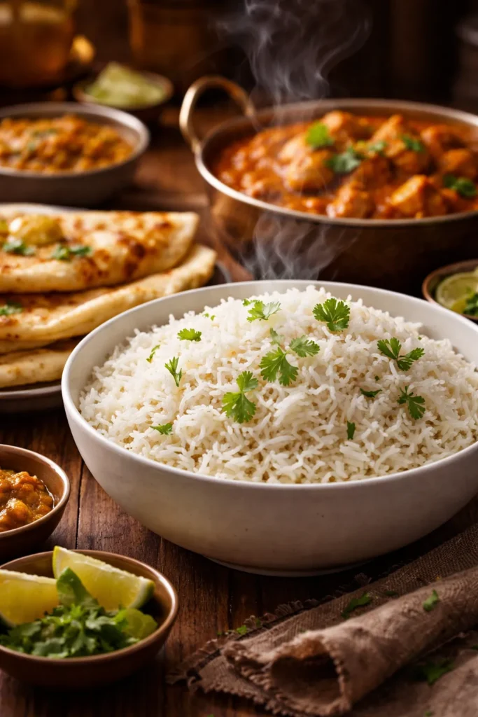 10 Easy Indian Curry Recipes for Weeknights 13 Fluffy basmati rice steaming in a white bowl, perfect side for Indian curry