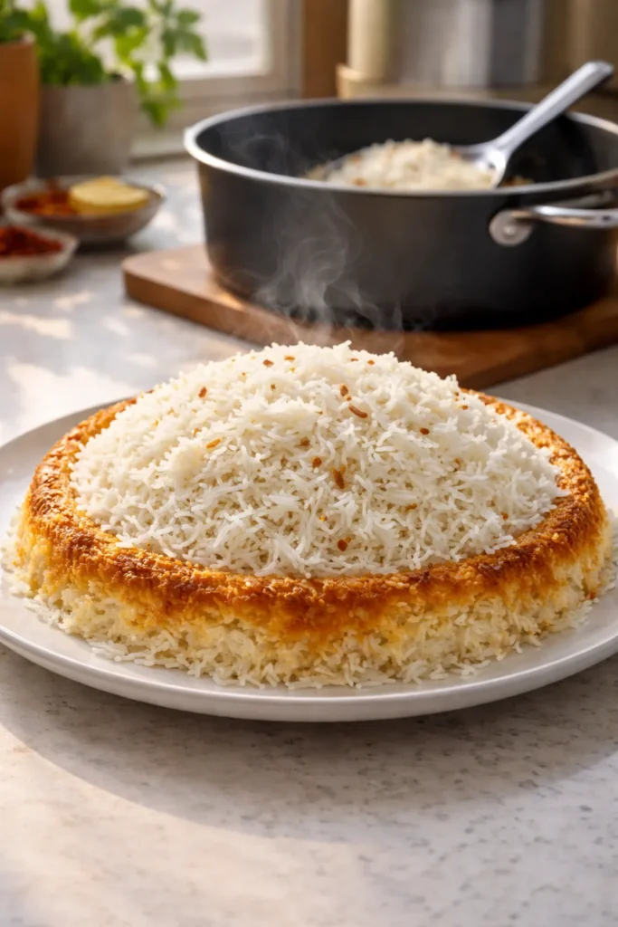 Fluffy basmati rice with tahdig crust on a plate, steam rising