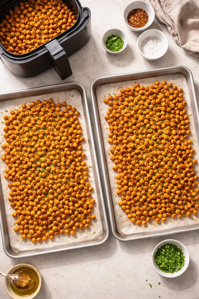 12 Air Fryer Dinners Crispy Without the Oil 16 Two trays of crispy chickpeas ready for batch cooking.