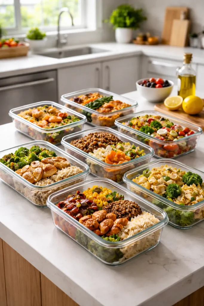 8 Batch Cooking Recipes for Easy Weeknights 1 Meal-prep containers on a kitchen island illustrating batch cooking for weeknights