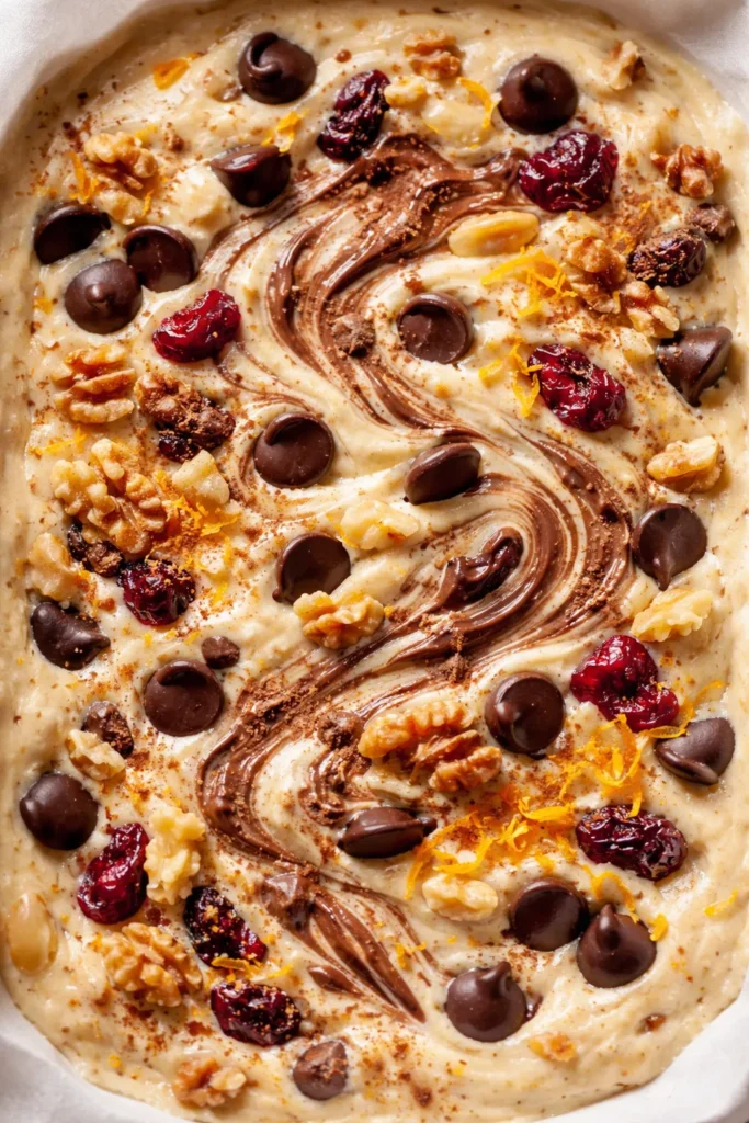 Batter close-up showing chocolate chips and mix-ins for variations