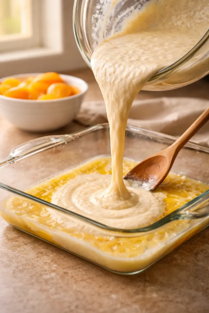 5-Minute Bisquick Cobbler With Canned Peaches 8 Close-up of batter being poured into a baking dish with melted butter and peaches nearby