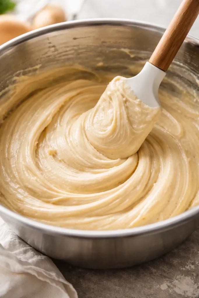 How to Bake Perfectly Moist Cakes Every Time 7 Close-up of batter in a mixing bowl with a silicone spatula