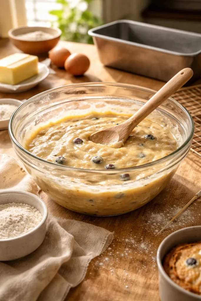 Bowl of muffin-bread batter with a spoon on the rim to symbolize universal tips for success