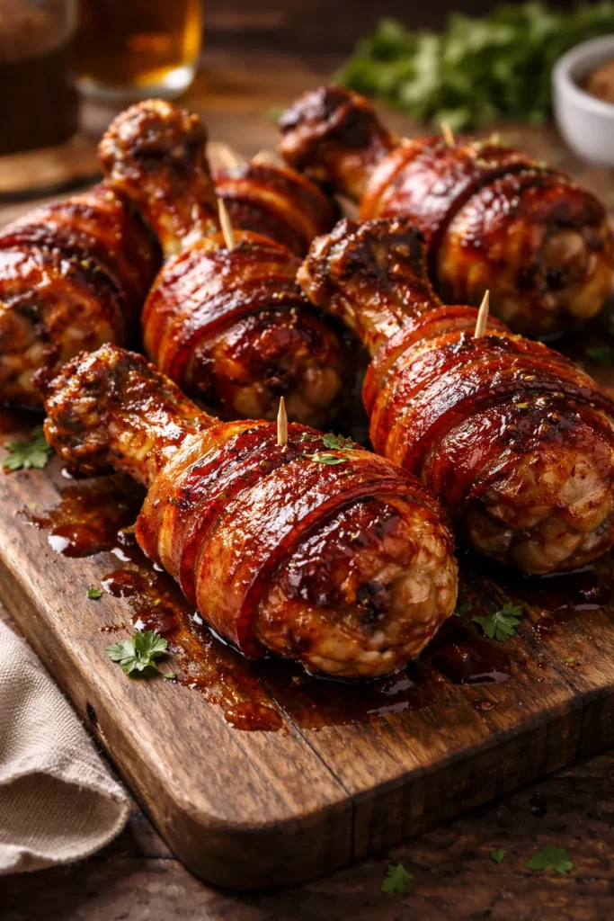 10 Crispy Chicken Drumstick Recipes for Dinner 7 Close-up of BBQ bacon-wrapped drumsticks with glossy glaze on a wooden board