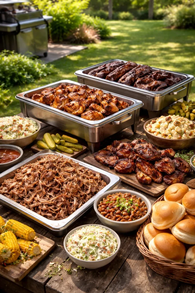 8 Wedding Reception Food Ideas on a Budget 7 Outdoor BBQ buffet with smoked meats and sides on warming dishes
