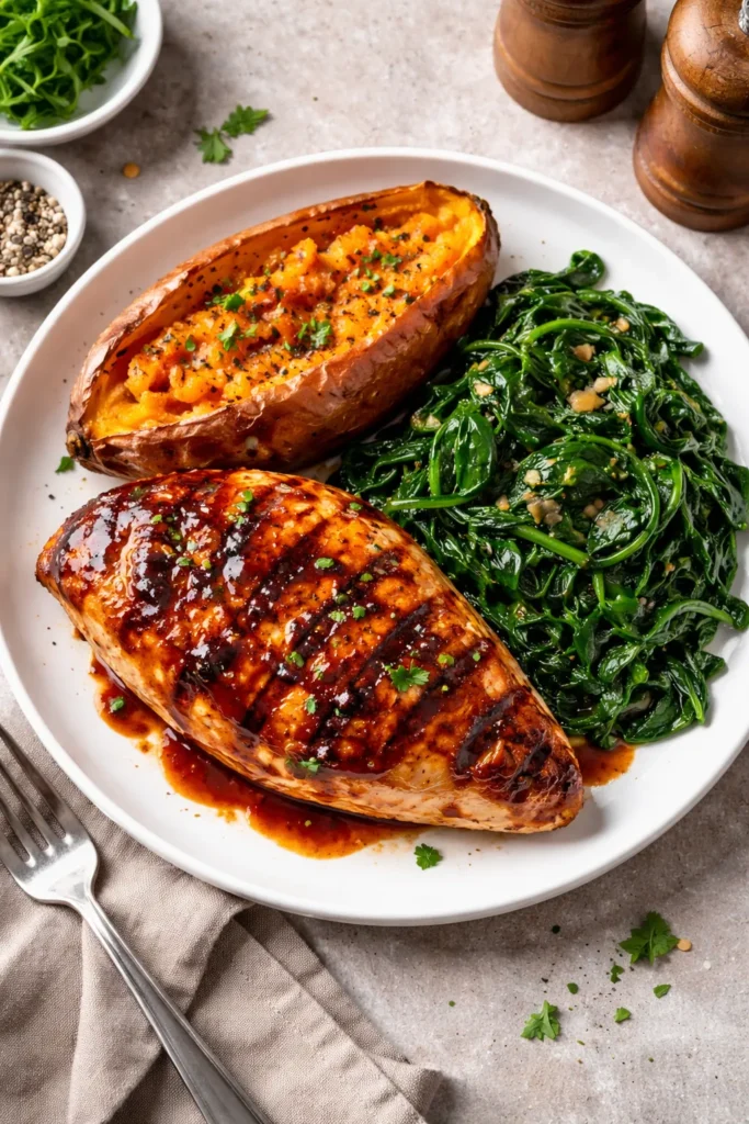 8 Calorie Deficit Meals That Keep You Full 4 BBQ chicken breast with sweet potato and wilted spinach on plate