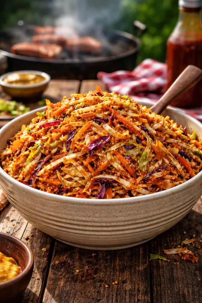 BBQ sauce coleslaw with smoky dressing in a bowl