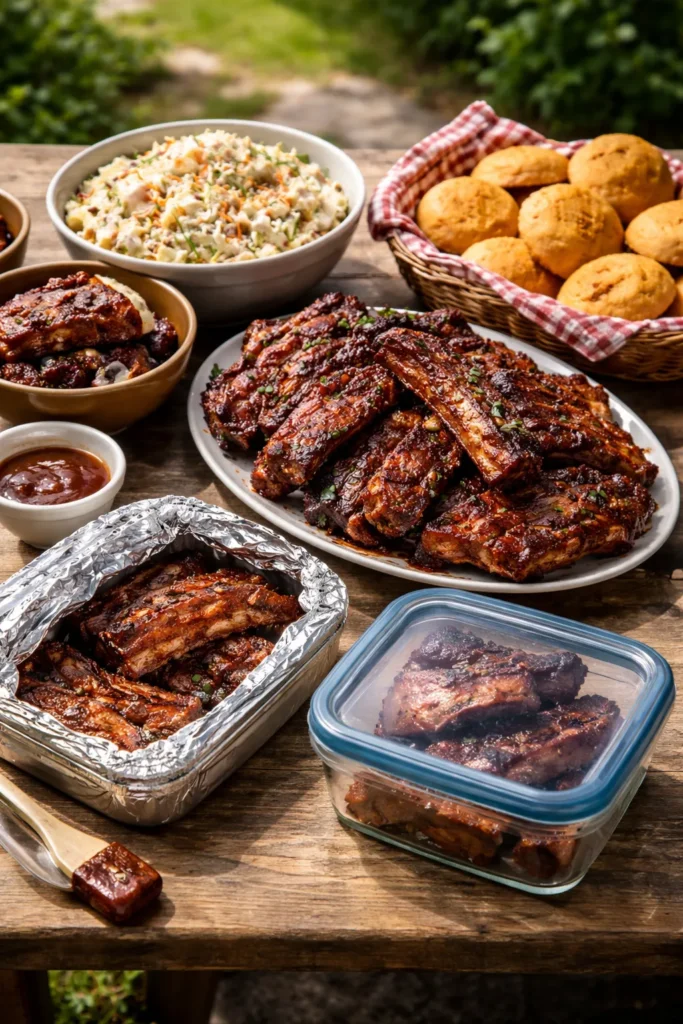 8 BBQ Rib Recipes for a Backyard Cookout 9 Assorted BBQ sides on wooden table with foil-wrapped dish and leftovers container