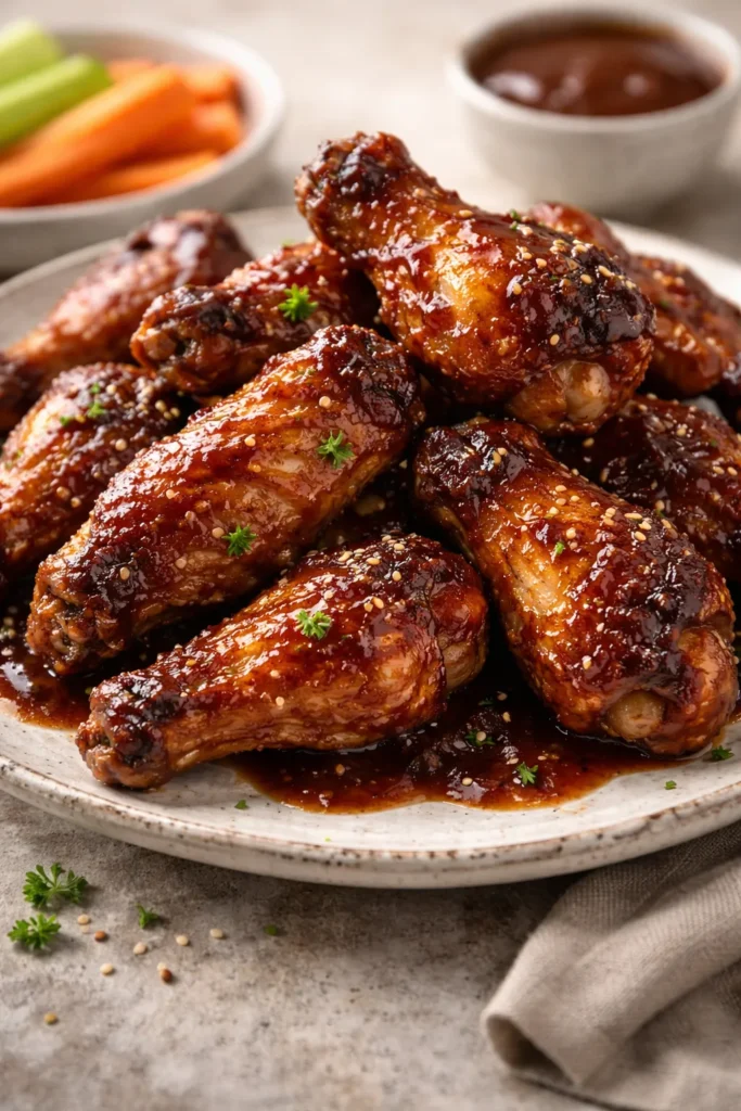 12 Chicken Wing Recipes for Game Night 5 Dark lacquered BBQ wings with brown sugar glaze on plate