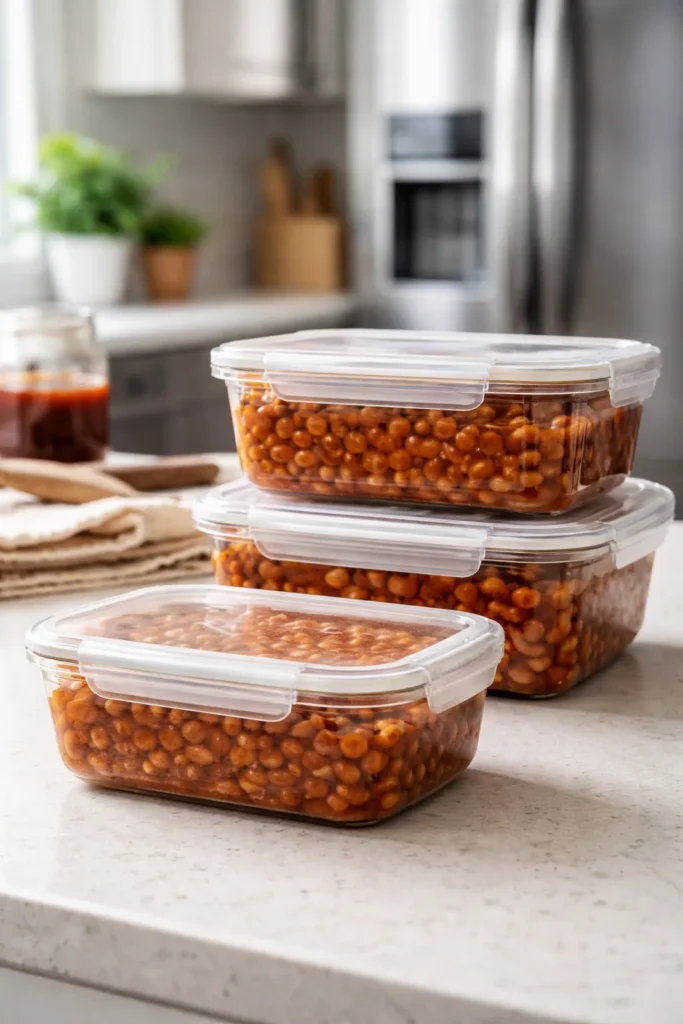 8 Baked Bean Recipes for Summer BBQs 12 A row of airtight glass containers filled with baked beans ready for storage.