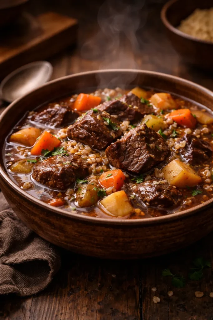 Beef and barley stew with beef chunks and barley in a rich broth.