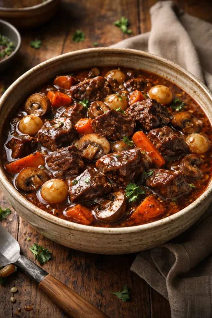10 Slow Cooker Beef Recipes Fork-Tender 5 Beef bourguignon in a rustic bowl with onions