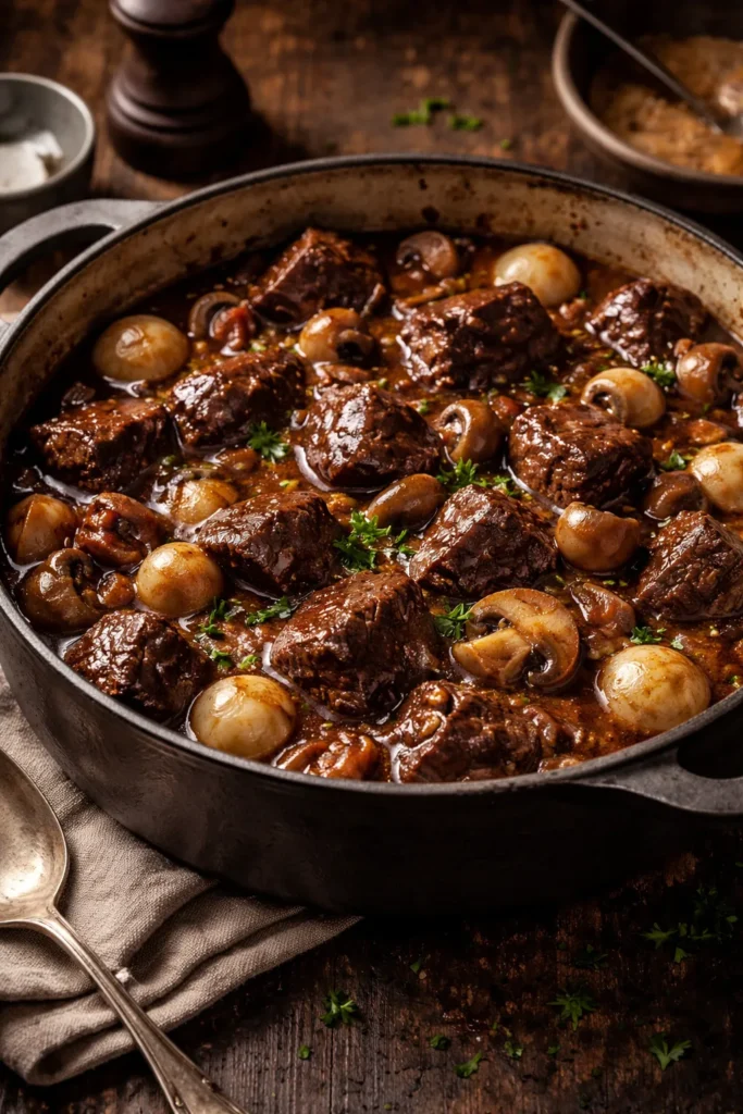 8 French Dishes Easier Than You Think 6 Beef Bourguignon with mushrooms and onions in rich sauce